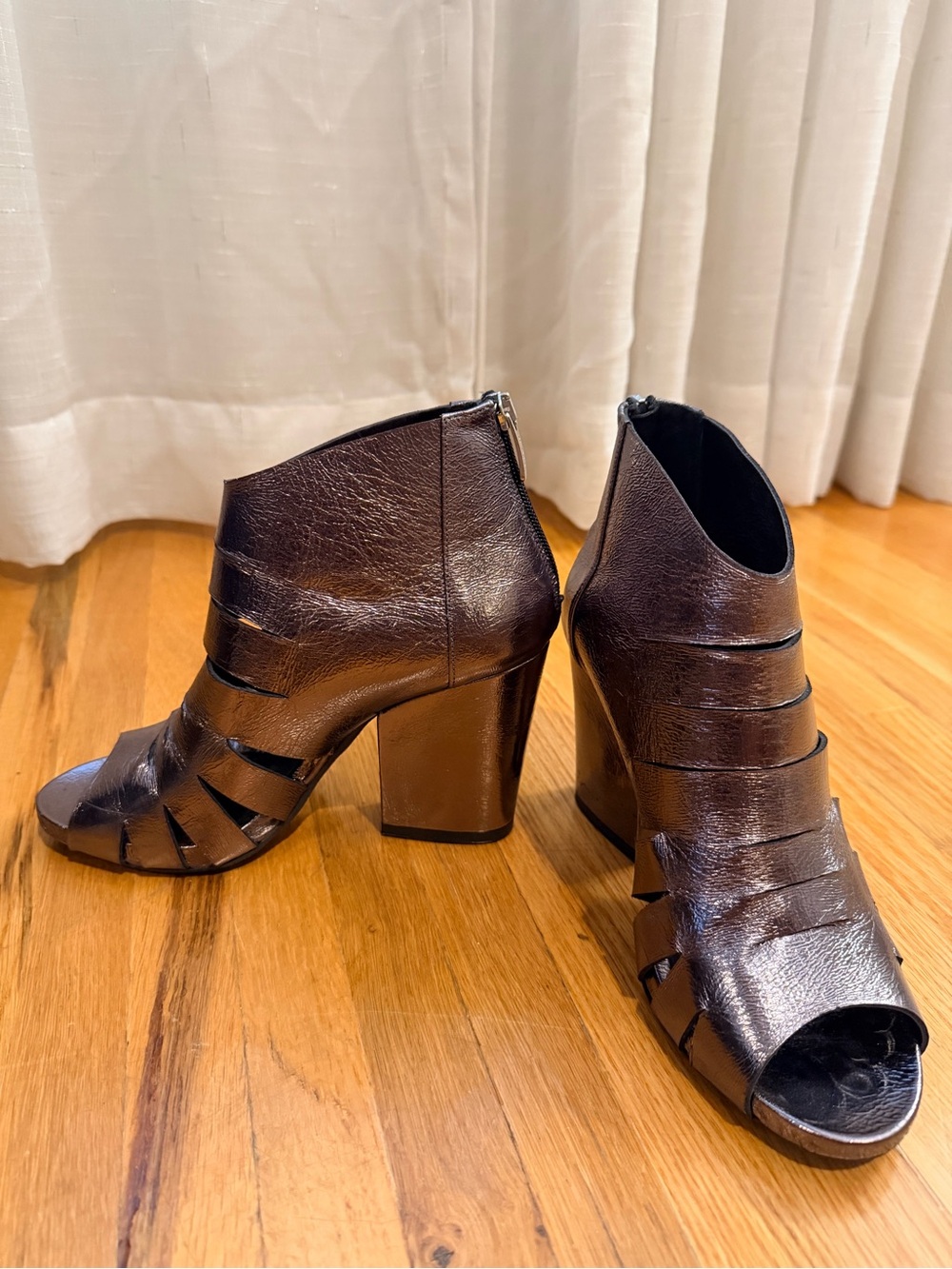 Women's Metallic Grey Open-Toe Block Heel Ankle Boots